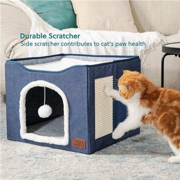 Cat Beds for Indoor Cats - Large Cat Cave for Pet Cat House with Fluffy Ball - Picture 5 of 6